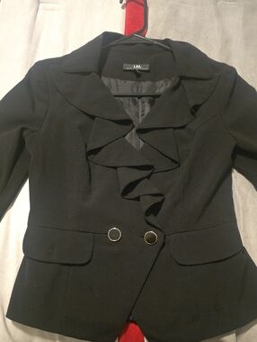 I.N. San Francisco Black Ruffle-Front Blazer with Gold-Tone Buttons